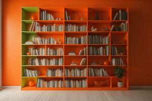 AI generated Bookcase with books and decorations in orange room. generative ai photo