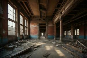 ai generado interior de un antiguo abandonado industrial edificio. generativo ai foto