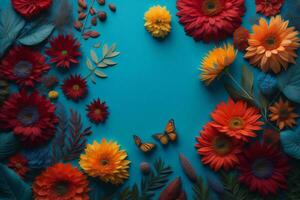 AI generated Flowers composition. Colorful flowers on blue background. Flat lay, top view, copy space. generative ai photo