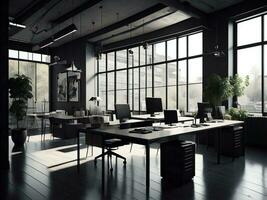 AI generated Interior of modern office with black walls, wooden floor, rows of computer tables and panoramic windows. generative ai photo