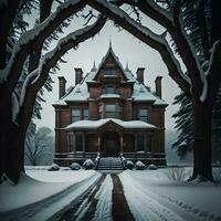 AI generated Beautiful winter landscape with old house and trees covered with snow. generative ai photo