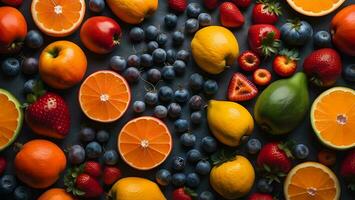 AI generated Top view of fresh fruits and berries on grey background, flat lay. generative ai photo