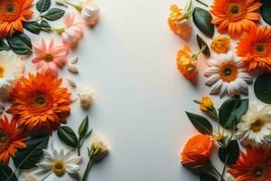 AI generated top view of orange and white flowers on white background with copy space. generative ai photo