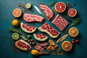 AI generated Top view of fresh raw meat with ingredients for cooking on blue background. generative ai photo