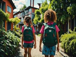 ai generado espalda ver de dos pequeño muchachas con mochilas yendo a escuela. espalda a colegio concepto. generativo ai foto