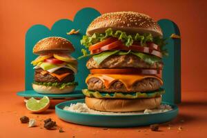 AI generated Hamburgers with ingredients on orange background. generative ai photo