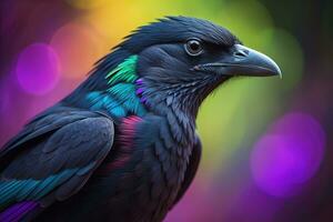 AI generated closeup of a beautiful bird on a colorful bokeh background. generative ai photo