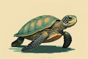 ai generado ilustración de un Tortuga en un verde antecedentes en dibujos animados estilo. ai generativo foto