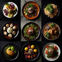 AI generated Collage of different asian dishes on dark background. Top view. generative ai photo