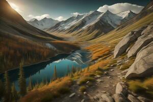 AI generated Mountain lake in the autumn. Artistic painting. generative ai photo