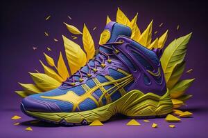 AI generated sneakers on a purple background with yellow leaves. generative ai photo