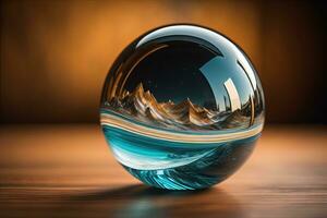 AI generated Transparent crystal ball on a wooden table. ai generative photo