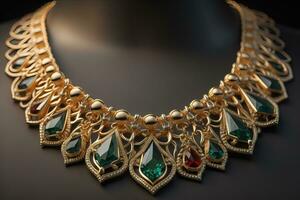 AI generated necklace on a black background in close-up. gold and green. generative ai photo