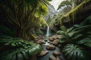 AI generated Tropical waterfall in the jungle. generative ai photo