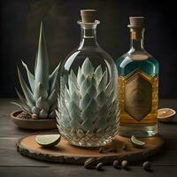 AI generated Aloe vera, cactus and tequila bottle on wooden background. generative ai photo