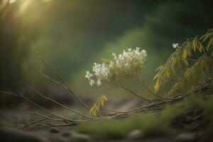 ai generado eucalipto rama con flores en el bosque a puesta de sol. generativo ai foto