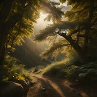 AI generated Hiking trail in the forest at sunrise. generative ai photo