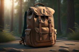 AI generated Brown backpack in the forest. generative ai photo