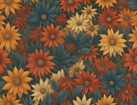 AI generated Seamless floral pattern with bright orange and blue daisies. generative ai photo