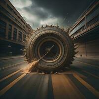 AI generated Tire in the middle of the road. ai generated photo