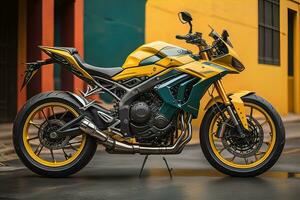 AI generated Modern powerful sports motorcycle on a colorful background. ai generative photo