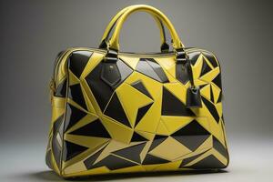 AI generated Black and gold luxury handbag on gray background. generative ai photo