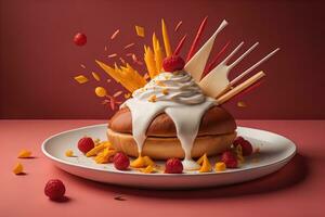 AI generated Cake with whipped cream and fresh fruits on a red background. generative ai photo