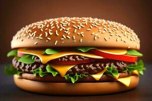 ai generado un hamburguesa es mostrado en un oscuro antecedentes foto