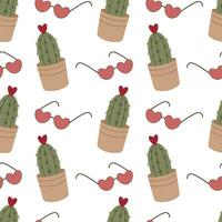 Seamless valentines day pattern. Cactus and sunglasses in the shape of hearts. For background, greeting card, wrapping paper vector