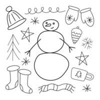 Winter doodle set. Snowman, winter clothes, snowflakes, mug, pine cone, trees. Isolated on white background vector