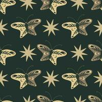 Seamless mystical pattern. Butterflies, moon and stars on a dark background vector