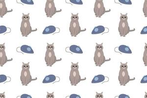 Seamless cat pattern. Gray cat and blue mouse toy. For pet store, wrapping paper, background, card vector