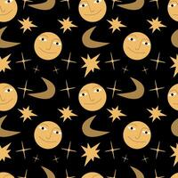 Vector seamless mystical pattern. Moon, smiling face and stars on black background
