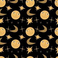 Vector seamless mystical pattern. Moon, smiling face and stars on black background