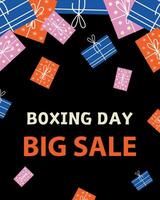 Vector illustration. Template for Boxing Day, Christmas discounts and sales. Bright boxes on a black background.