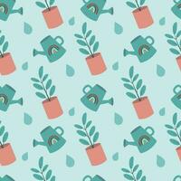 Seamless pattern. Watering can and ficus on a light blue background. Caring for house plants vector