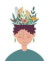 vector ilustración acerca de mental salud. pacífico mujer con flores en su cabeza aislado en blanco antecedentes