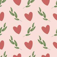 Vector seamless pattern for Valentine's day. Hearts and leaves on a pink background