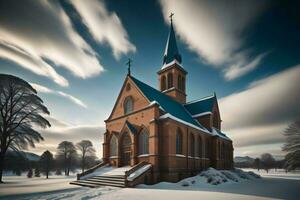 AI generated Church in winter with snow and blue sky. Conceptual image. generative ai photo