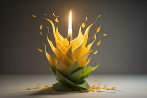 AI generated Burning aroma candle on wooden table against solid color background, copyspace. ai generative photo