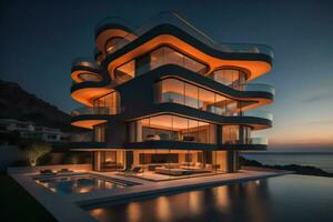 AI generated modern architecture by the sea at night. Luxury house on the water. generative ai photo