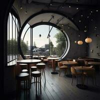 AI generated Interior of modern cafe with round window and city view. generative ai photo