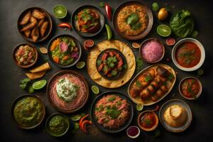 AI generated Indian food. Assorted Indian dishes in bowls on a dark background. generative ai photo