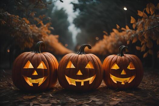AI generated Halloween pumpkins in the forest at night. Halloween concept. ai generative photo