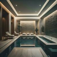 AI generated Swimming pool in luxury hotel. generative ai photo
