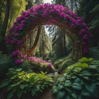 AI generated a fantasy arch in the woods with pink flowers. generative ai photo