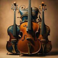 AI generated Three violins and a violin on a brown background with copy space. ai generated photo