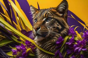 AI generated tiger with a bouquet of wildflowers on a colored background photo