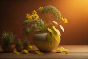 AI generated Yellow daffodils in a vase on a wooden background. generative ai photo