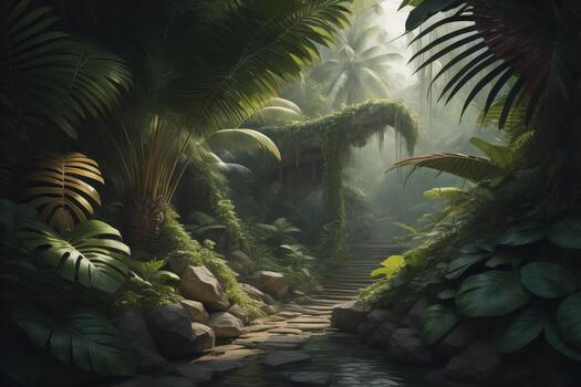 AI generated A pathway in tropical rainforest with palm trees and path in the mist. ai generative photo